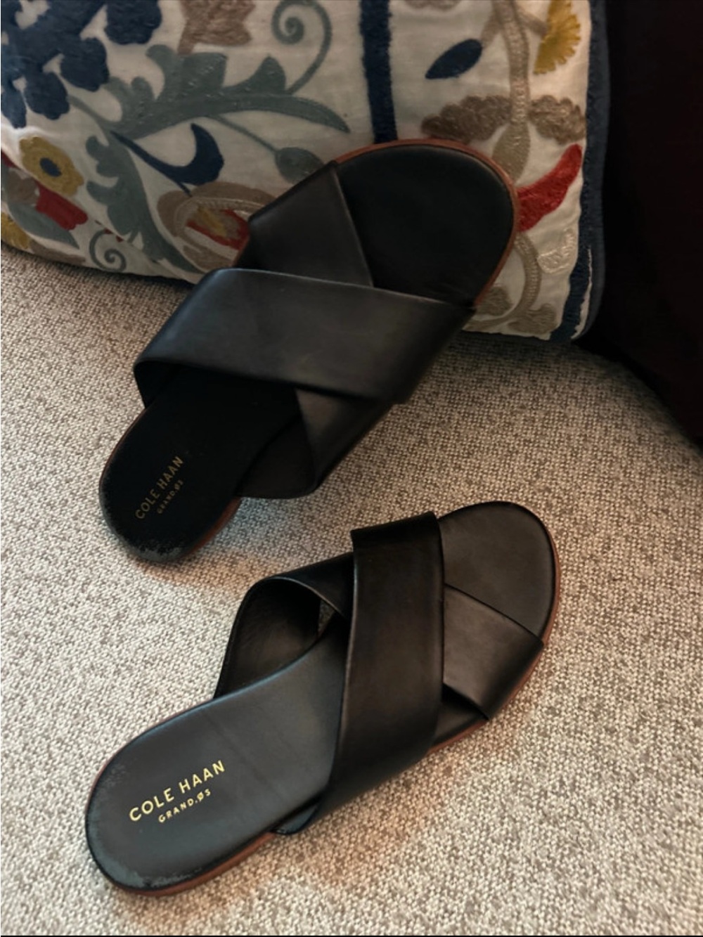 Cole Haan Black Leather Crisscross Slide Sandals